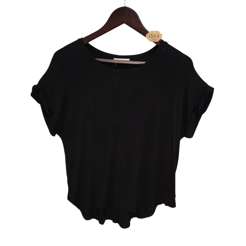 Sweet Lily Womens Black Short Sleeve Cuffed Crew Neck High Low Top Size Medium